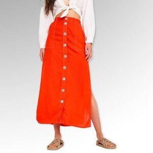 Urban Outfitters Lindsey Slit Button Utility Midi Linen Blend Skirt, Orange,  M